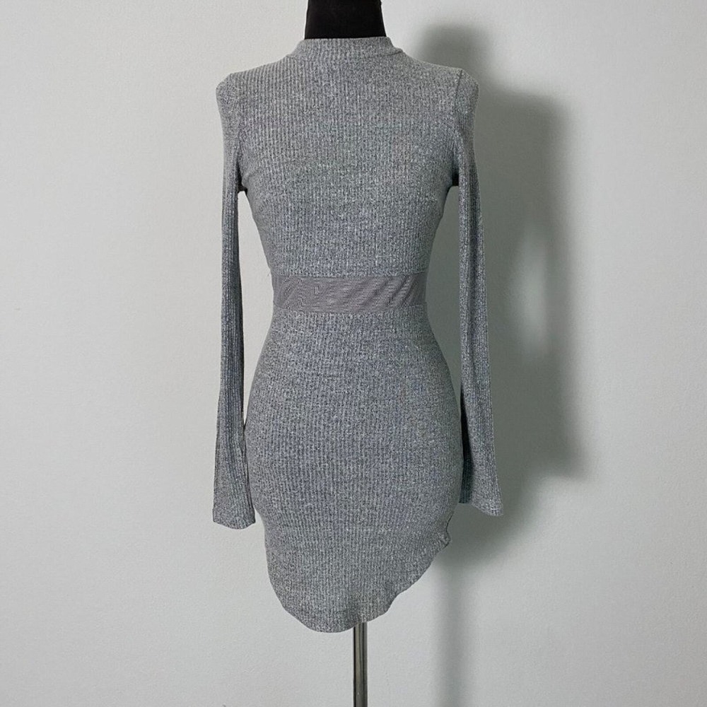 Rumor Boutique Ribbed Mock Neck Long Sleeve Sheer Waist Mini Dress Gray‎ M
